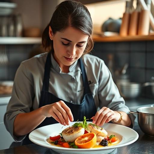 Chef Isabella Rossi preparing a delicate seafood dish in the kitchen