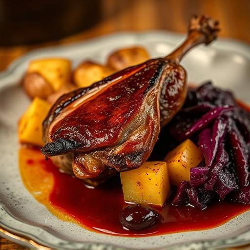 Classic duck confit with crispy skin, served with roasted potatoes, braised red cabbage, and a cherry sauce.