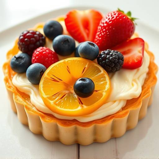 Colorful fruit tart with a buttery crust, pastry cream, and an assortment of fresh seasonal fruits.