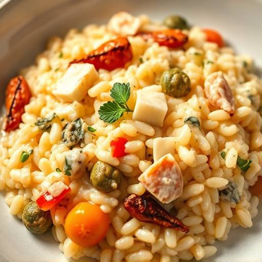 Creamy vegetarian risotto with seasonal vegetables, parmesan cheese, and fresh herbs.