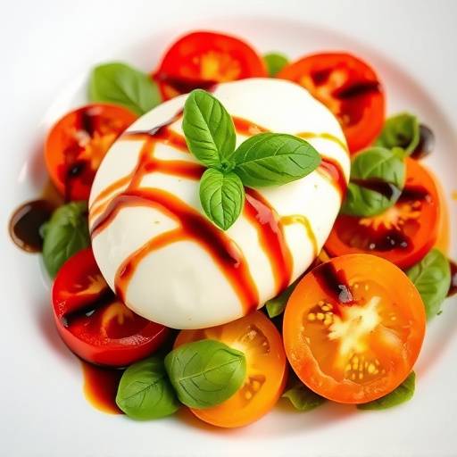 Fresh burrata salad with heirloom tomatoes, basil leaves, balsamic glaze, and a drizzle of extra virgin olive oil.