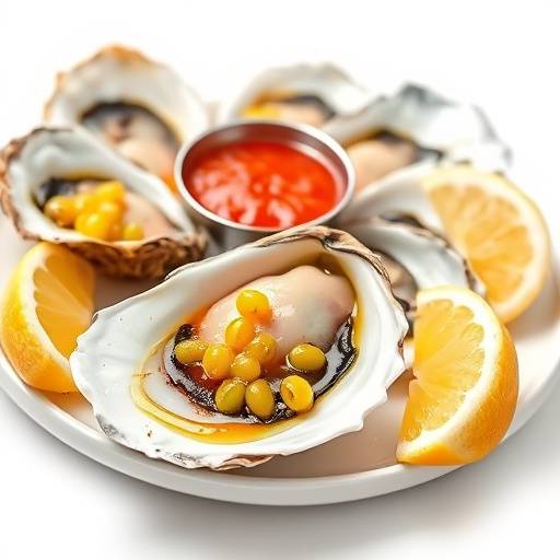 Freshly shucked oysters on the half shell, served with mignonette sauce and lemon wedges.
