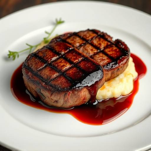 Grilled Filet Mignon with truffle mashed potatoes and red wine reduction