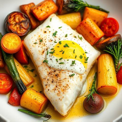 Pan-roasted halibut with roasted vegetables and a lemon butter sauce, garnished with fresh herbs.
