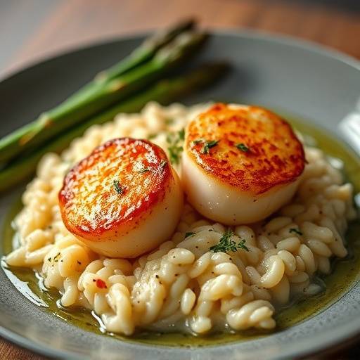 Pan-seared scallops served on a bed of creamy risotto with asparagus tips and a drizzle of truffle oil.