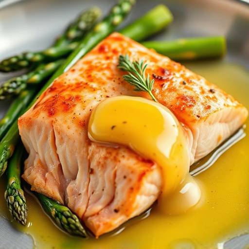 Pan-Seared Wild Alaskan Salmon with asparagus and lemon butter sauce