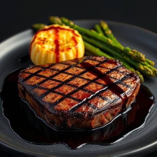 Perfectly grilled prime ribeye steak with potato gratin and asparagus, drizzled with balsamic glaze.