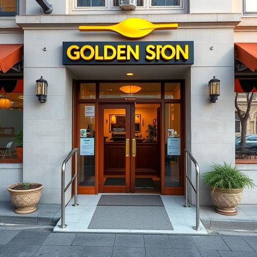 Photograph of the Golden Spoon restaurant's accessible entrance with a ramp and automatic door opener