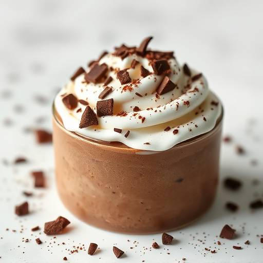 Rich and decadent chocolate mousse with whipped cream and chocolate shavings.
