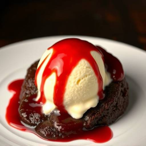 Warm Chocolate Lava Cake with vanilla bean ice cream and raspberry coulis